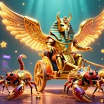 Plongez dans un casino en ligne avec un scarabée doré colossal en armure pharaonique, accompagnés de scorpions joyaux et d'infimes soldats fourmis.
