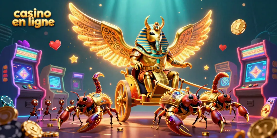 Plongez dans un casino en ligne avec un scarabée doré colossal en armure pharaonique, accompagnés de scorpions joyaux et d'infimes soldats fourmis.
