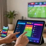 Engaged user at https://golvflooring.com using tablet for Mix Parlay betting during Piala Dunia 2026, vibrant sports graphics.
