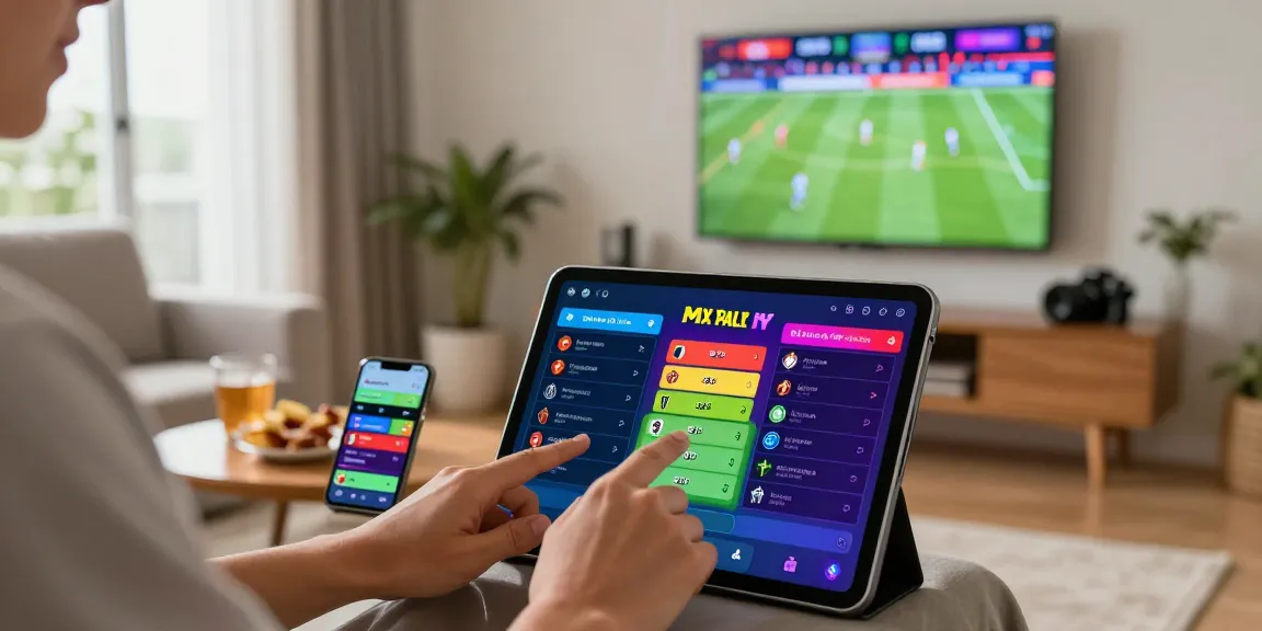 Engaged user at https://golvflooring.com using tablet for Mix Parlay betting during Piala Dunia 2026, vibrant sports graphics.