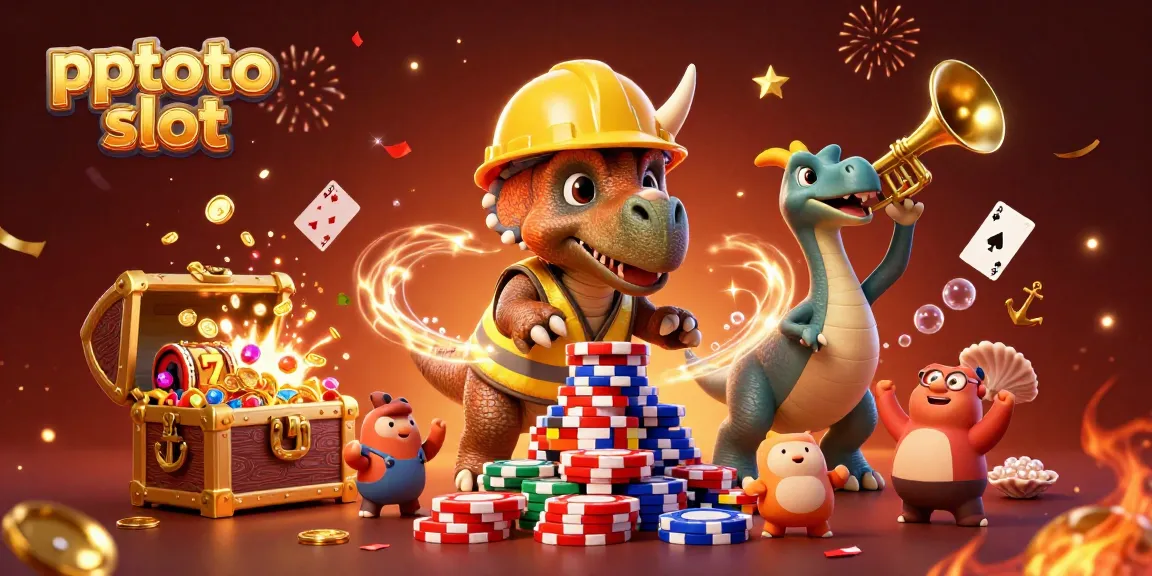 Experience excitement with pptoto slot as a triceratops builds a poker chip pyramid!