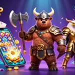 Les éléments de casino en ligne se mélangent dans une scène dynamique avec des personnages vikings.