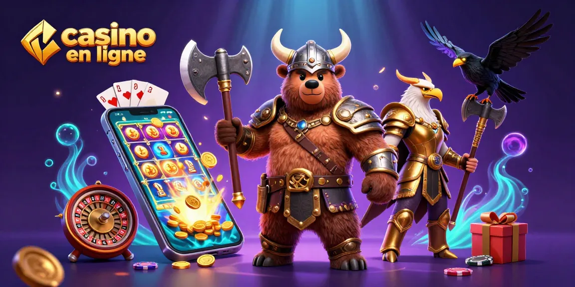 Les éléments de casino en ligne se mélangent dans une scène dynamique avec des personnages vikings.