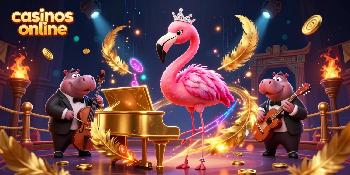 Los casinos en línea ofrecen entretenimiento vibrante con una cantante flamenca y un hipopótamo bajista en un ambiente lleno de luces.