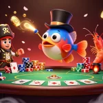 Visualisez un pêcheur d'angler illuminant des pièces d'or dans un casino en ligne animé.