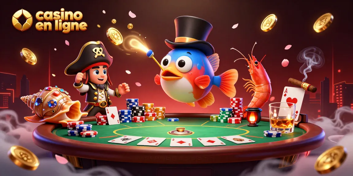 Visualisez un pêcheur d'angler illuminant des pièces d'or dans un casino en ligne animé.
