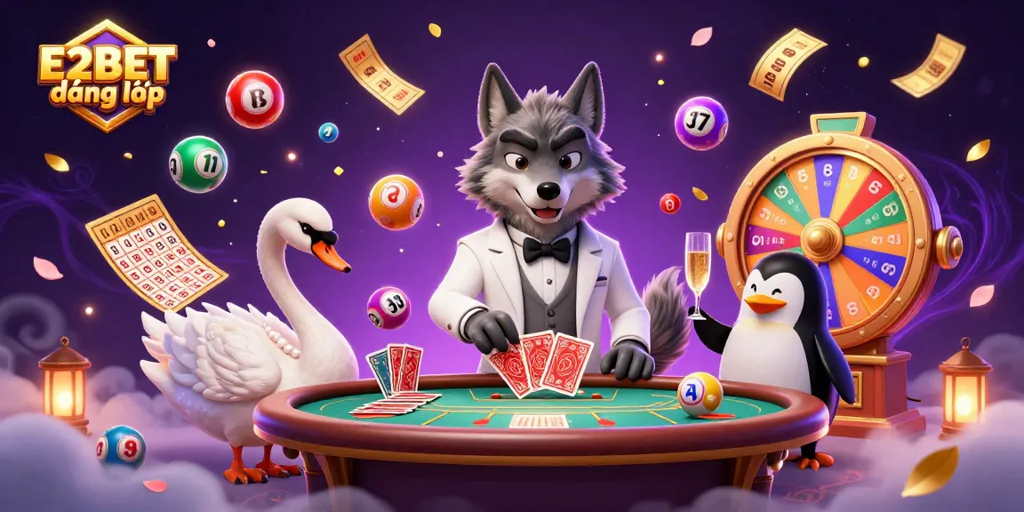Experience excitement with E2BET đăng nhập at a dynamic casino scene featuring lively characters and engaging game elements.