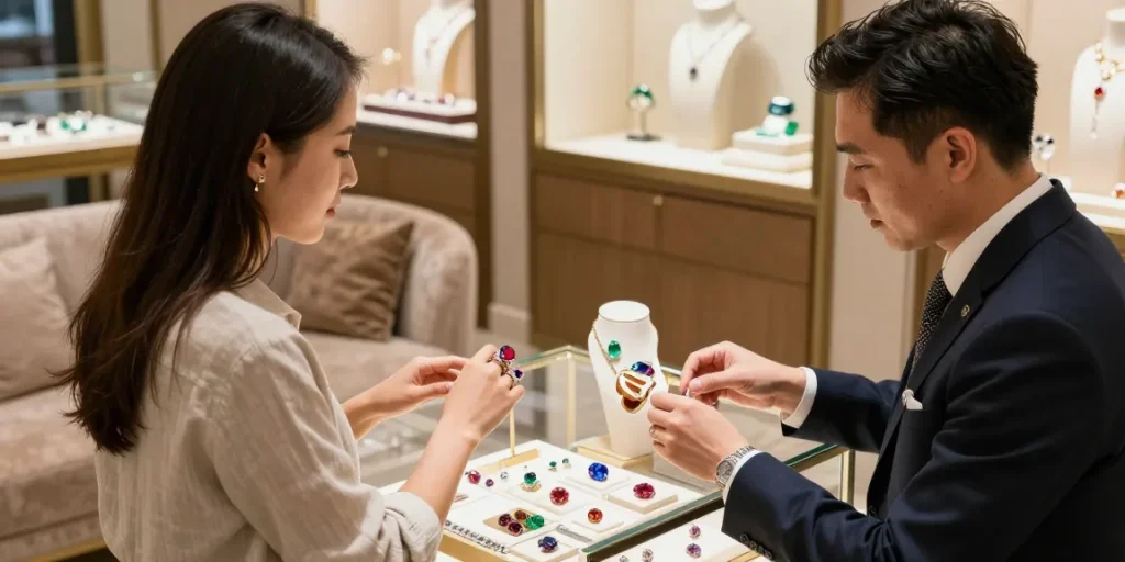 Shopper exploring gemstones at https://www.mygemspot.com with assisted guidance in an elegant jewelry store setting.