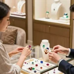 Shopper exploring gemstones at https://www.mygemspot.com with assisted guidance in an elegant jewelry store setting.