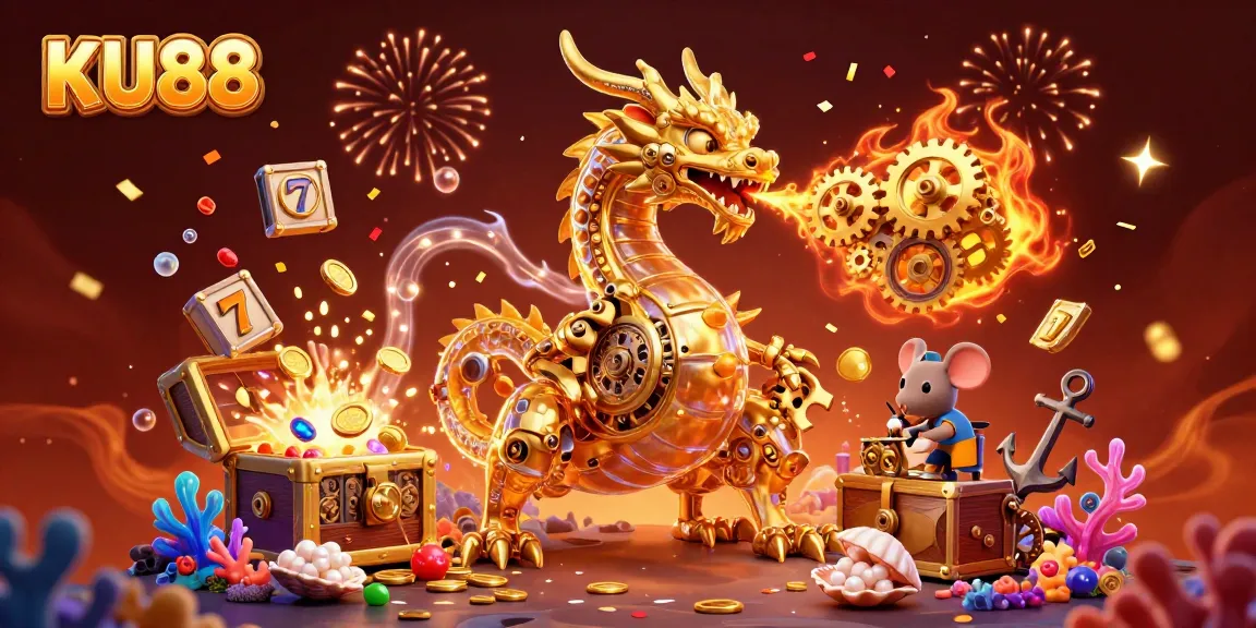 Play thrilling games at KU88 with a golden dragon and slots in a vibrant 3D illustration.
