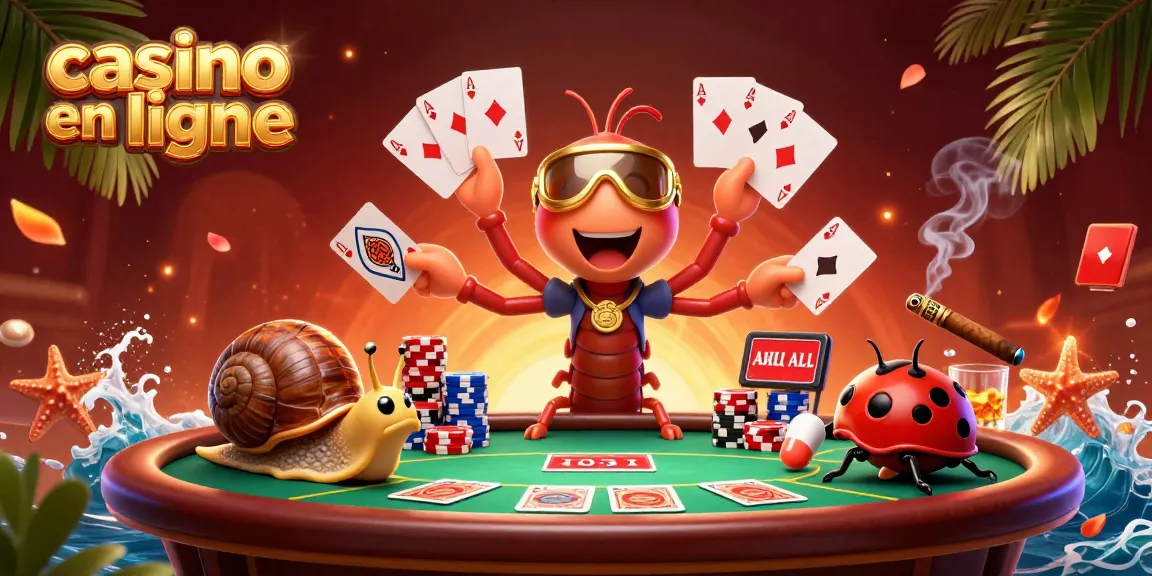 Jouer au casino en ligne avec un croupier en millepattes et des jetons de poker colorés.
