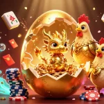 Dans ce casino en ligne, un œuf doré s'ouvre pour révéler un dragon en or sur des jetons de poker.