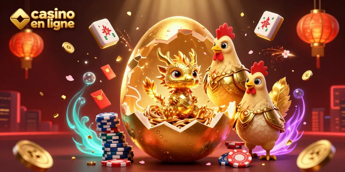 Dans ce casino en ligne, un œuf doré s'ouvre pour révéler un dragon en or sur des jetons de poker.
