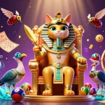 La scène animée représentant un casino en ligne captivant avec un chat pharaon et des éléments de loterie.