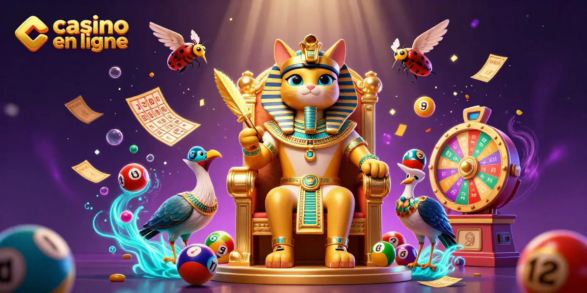 La scène animée représentant un casino en ligne captivant avec un chat pharaon et des éléments de loterie.
