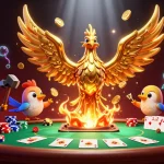 Jeu de cartes au casino en ligne avec un phénix d'or et des assistants, trésors et éléments de poker.