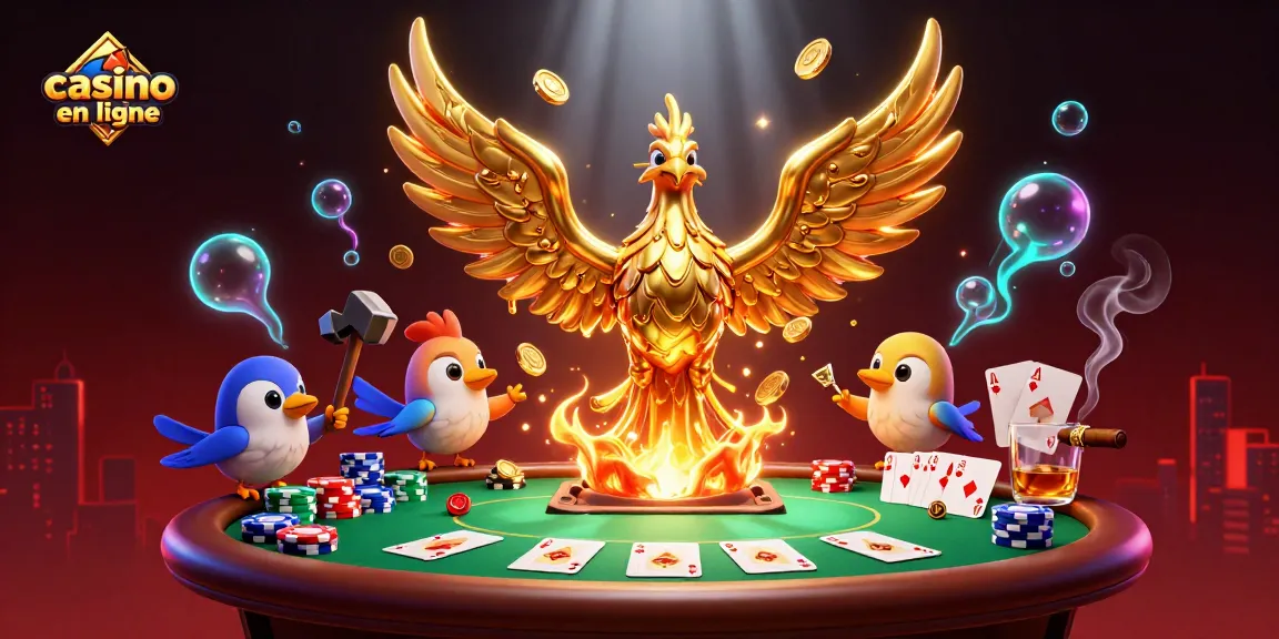 Jeu de cartes au casino en ligne avec un phénix d'or et des assistants, trésors et éléments de poker.