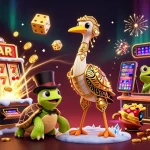 Jouez à des machines à sous et à d'autres jeux de casino en ligne dans une scène festive.