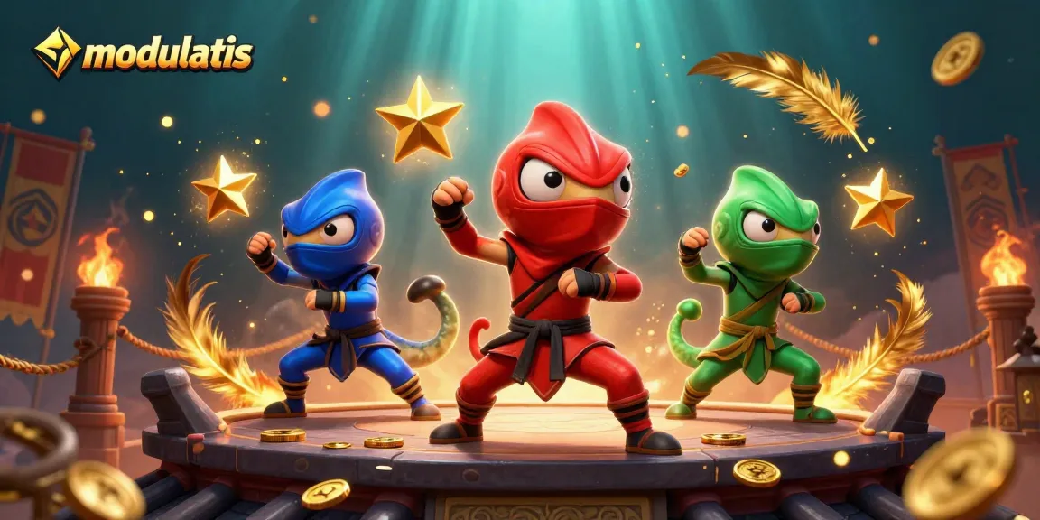 Menggulung simbol keberuntungan dalam permainan slot online modulatis dengan ninja chameleon yang beraksi.
