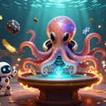 Évaluez SpinBoss casino avis dans une scène de jeu dynamique avec une pieuvre extraterrestre et un robot, entourés de jetons et d'effets de feu.