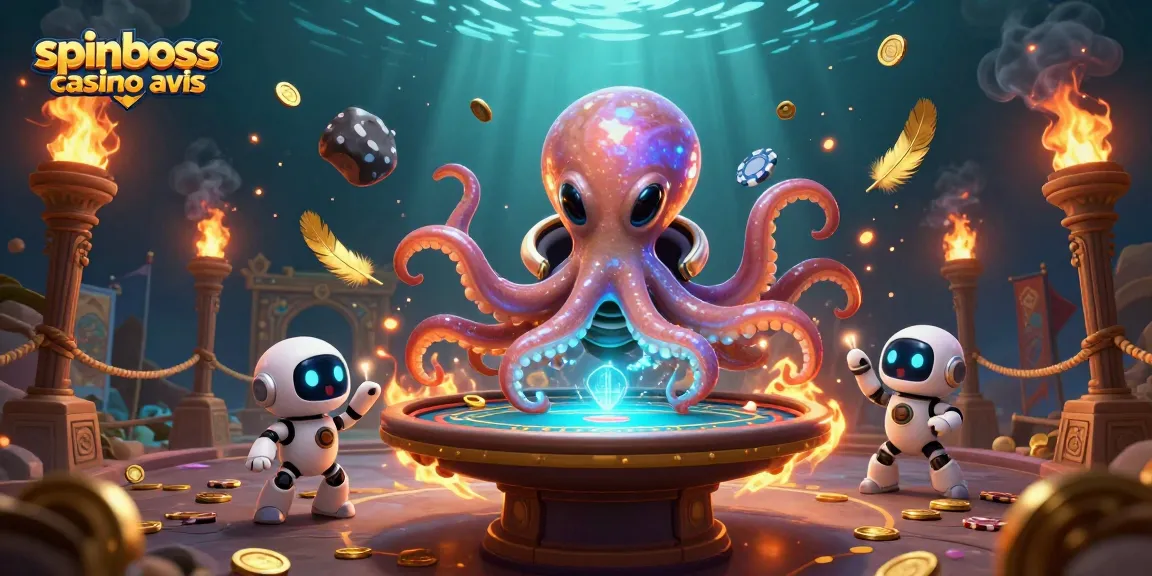 Évaluez SpinBoss casino avis dans une scène de jeu dynamique avec une pieuvre extraterrestre et un robot, entourés de jetons et d'effets de feu.