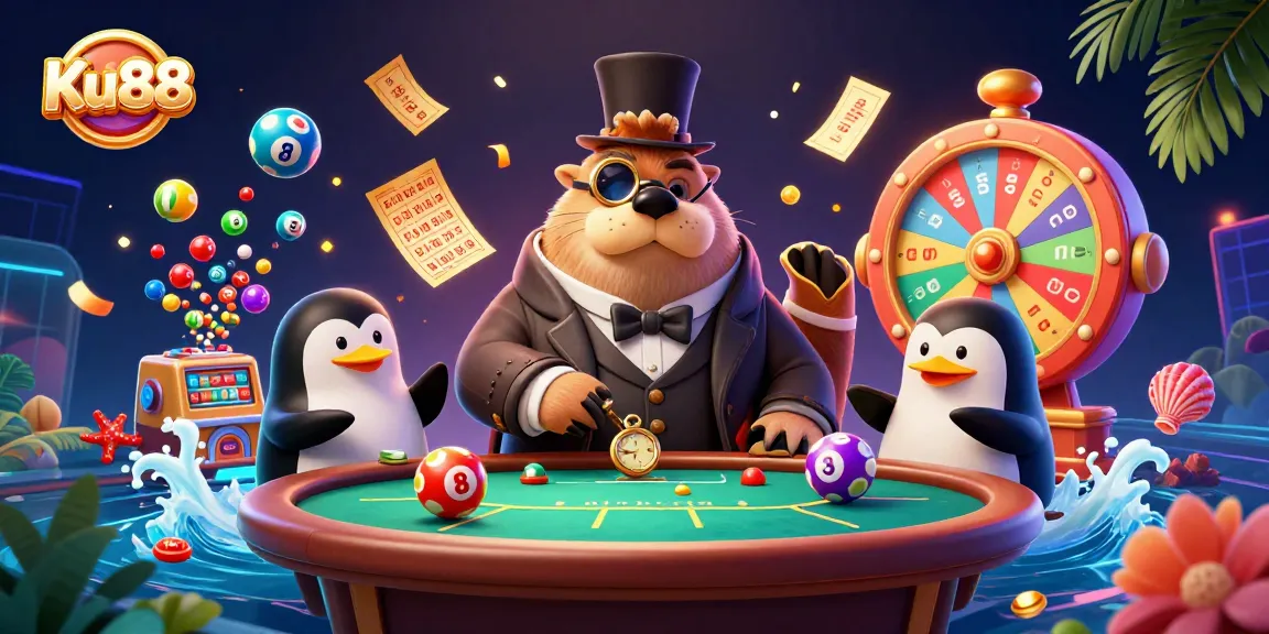 Engage in thrilling games at Ku88 with a lively 3D casino scene featuring a jolly walrus.