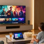 Family enjoying Atlas Pro IPTV streaming on smart TV, cozy living room ambiance.