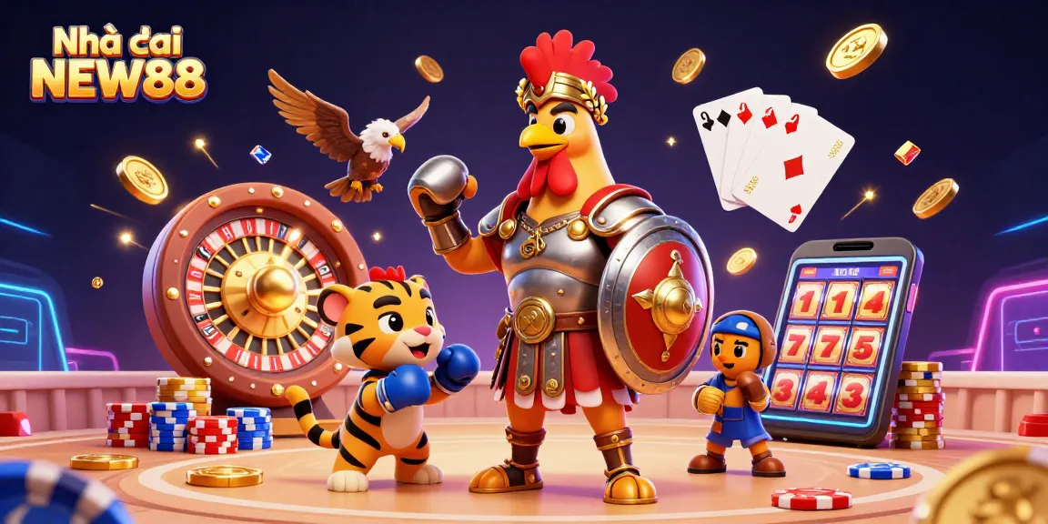 Experience the excitement at Nhà cái NEW88 with immersive 3D illustrations showcasing thrilling gaming elements and dynamic characters.