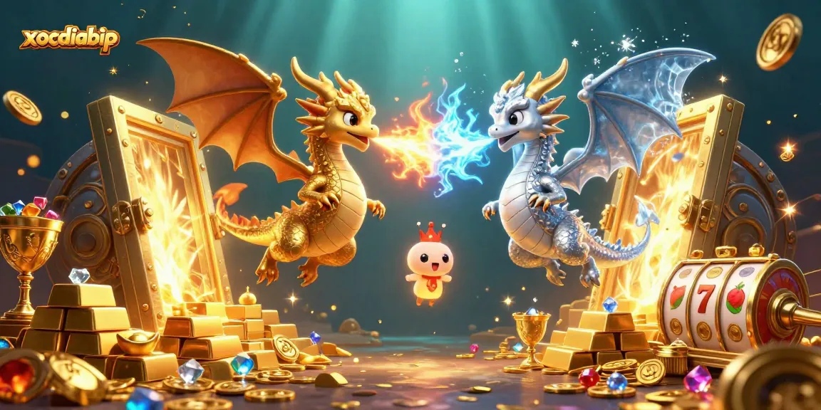 xocdiabip showcases twin dragons amidst vibrant casino treasures in an epic gaming scene