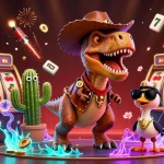 Play exciting slots with me99 featuring a T-Rex cowboy and casino elements in a vibrant casino scene.
