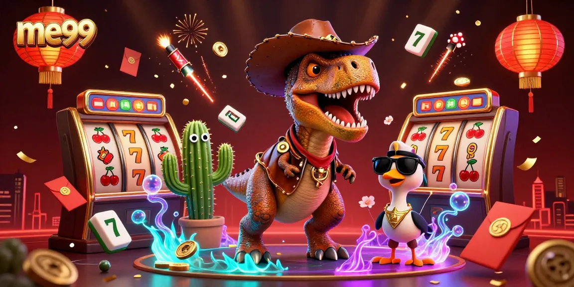Play exciting slots with me99 featuring a T-Rex cowboy and casino elements in a vibrant casino scene.