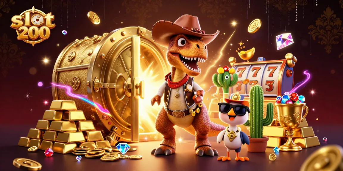 Slot200 memberikan keseruan bermain mesin slot dengan elemen emas dan karakter lucu di latar.