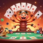 Une scène animée avec un dealer de casino en ligne, des cartes et des jetons colorés.