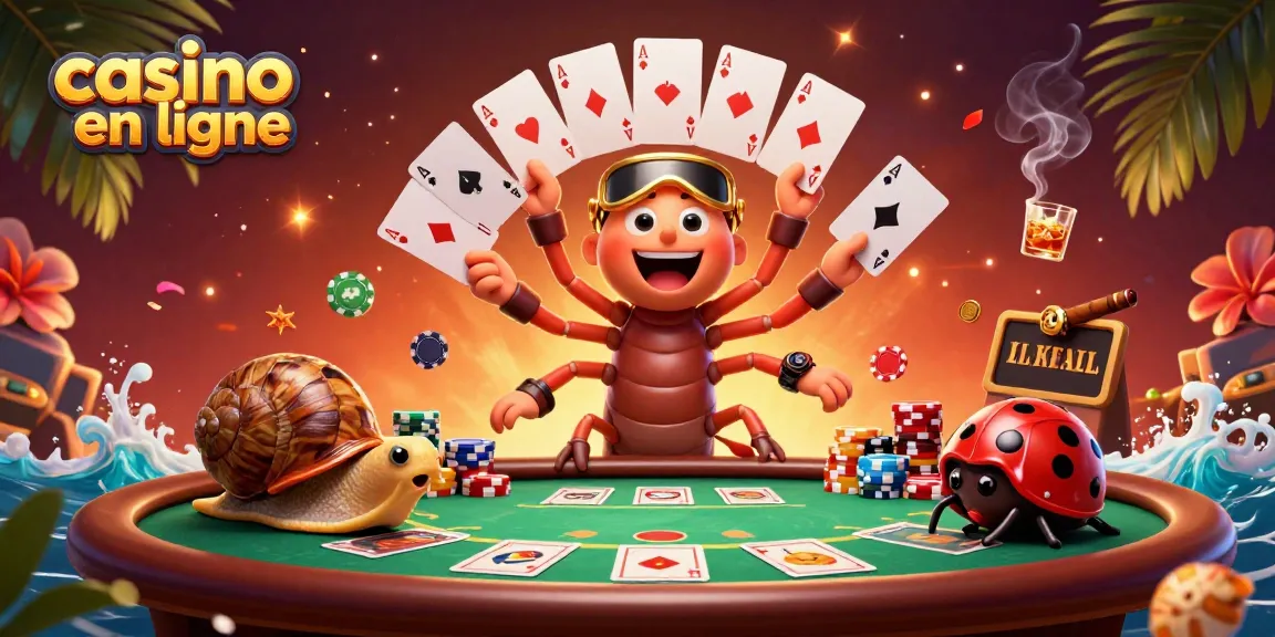 Une scène animée avec un dealer de casino en ligne, des cartes et des jetons colorés.