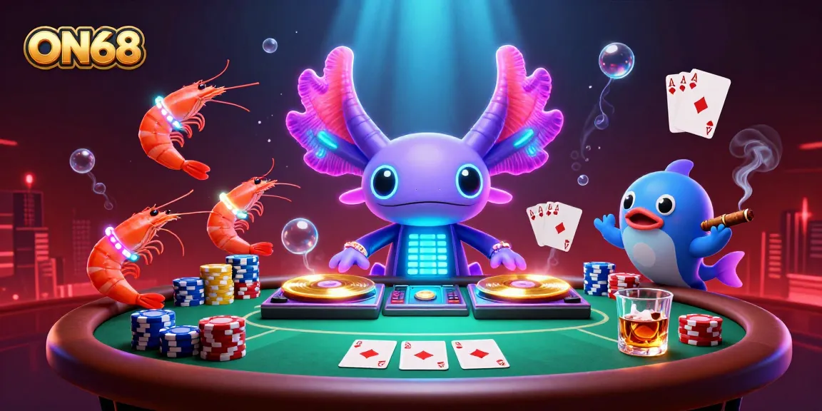 Spin to win at ON68 with a vibrant underwater DJ scene featuring poker, chips, and lively characters.