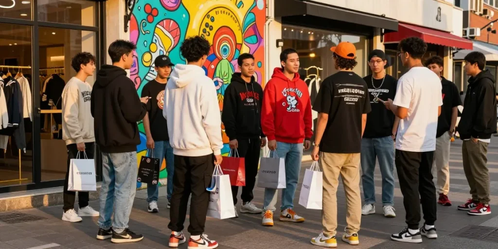 Youthful group discussing the Kakobuy spreadsheet in trendy streetwear with shopping bags.