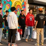 Youthful group discussing the Kakobuy spreadsheet in trendy streetwear with shopping bags.
