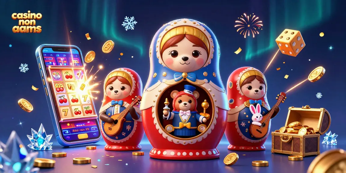 Giocando nei casino non AAMS, un orso Matryoshka svela piccoli orsi dealer circondati da slot e vincite.