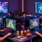 NAGA2000 gaming setup with enthusiasts engaging in vibrant online games, showcasing immersive graphics and competitive atmosphere.