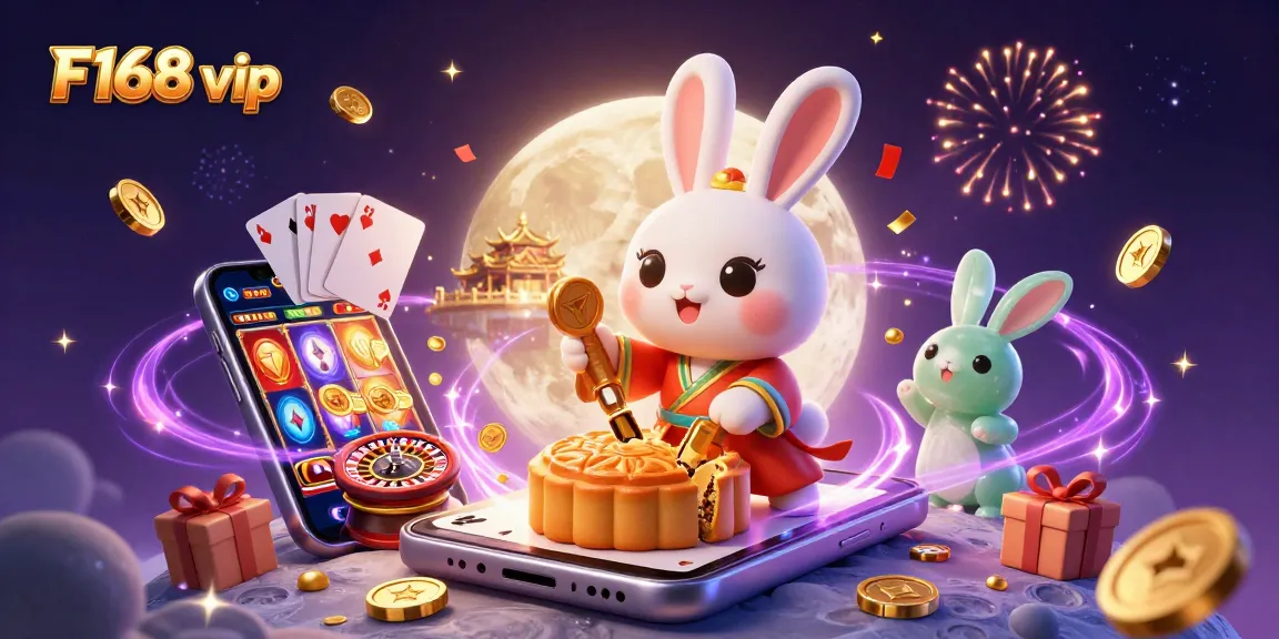 Experience exciting wins with F168 vip as a moon rabbit reveals poker chips and golden coins.