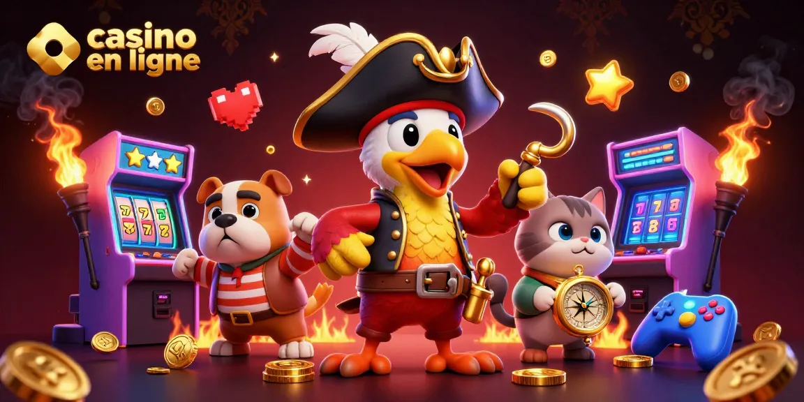 Jouer à casino en ligne avec un capitaine pirate, un bulldog, et un chat, dans un univers ludique.