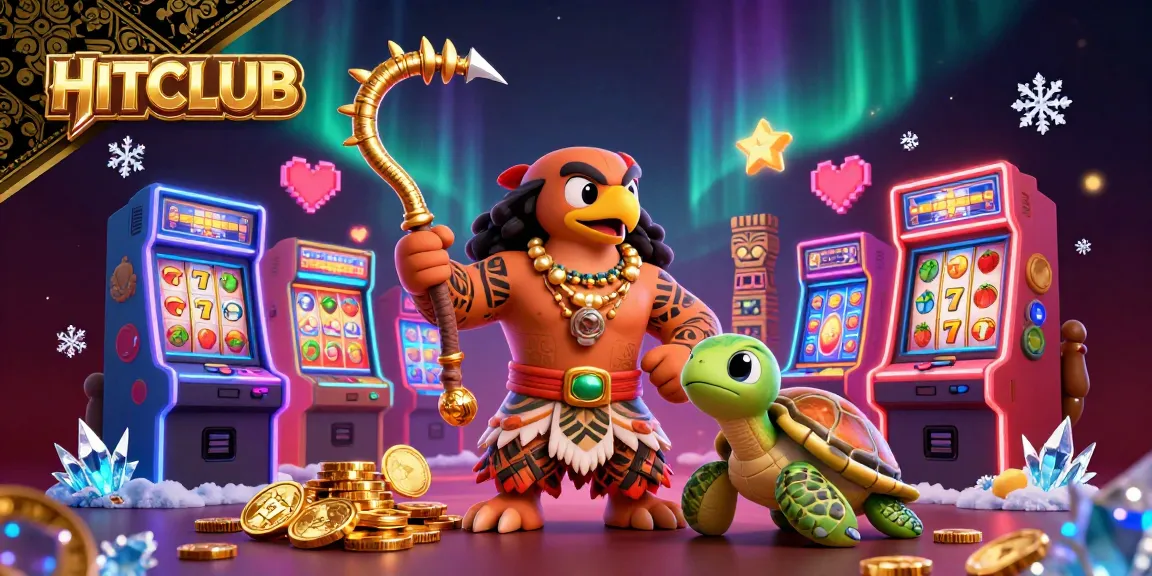 Join HITCLUB's vibrant gaming scene where a Maui-style demigod and turtle embrace classic slot machine excitement.