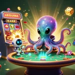 Un alien pieuvre dans l'espace joue au casino en ligne entouré de machines à sous et de jetons.