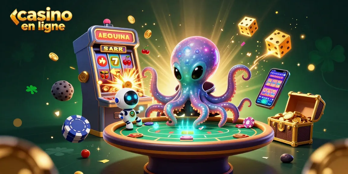 Un alien pieuvre dans l'espace joue au casino en ligne entouré de machines à sous et de jetons.