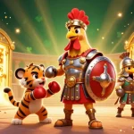 Explorez le casino en ligne avec un coq gladiateur entouré de trésors étincelants.