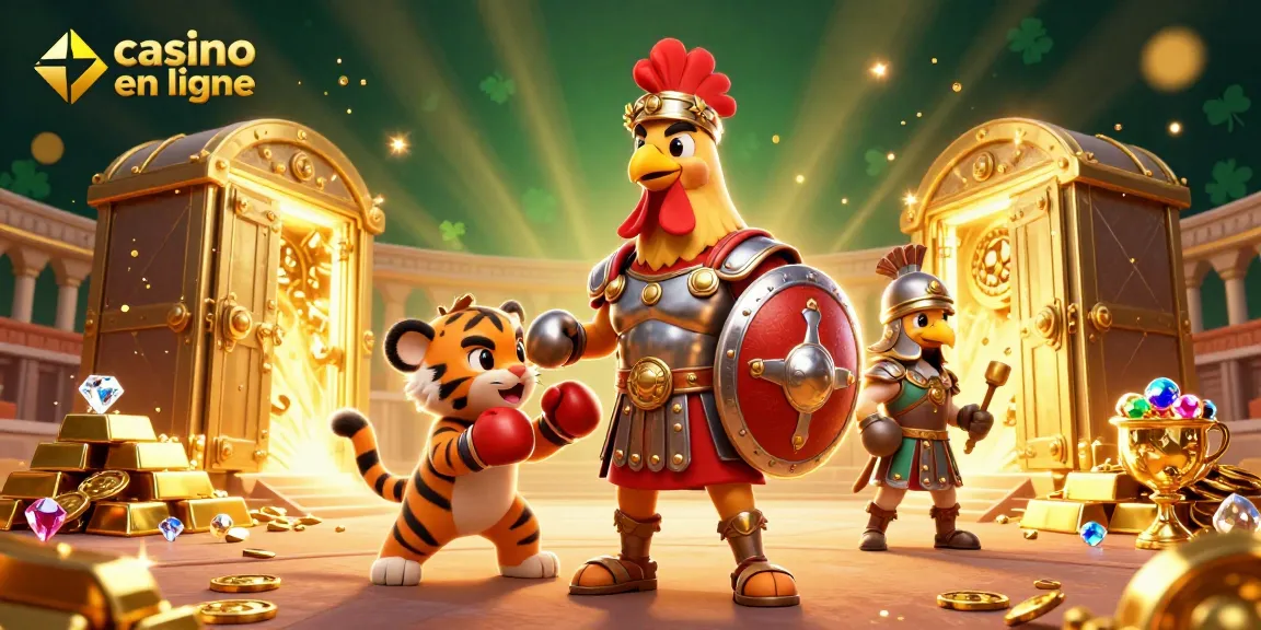 Explorez le casino en ligne avec un coq gladiateur entouré de trésors étincelants.