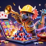 Engage in thrilling gaming at tg88 featuring a fun triceratops building poker chips while surrounded by celebratory slot games.
