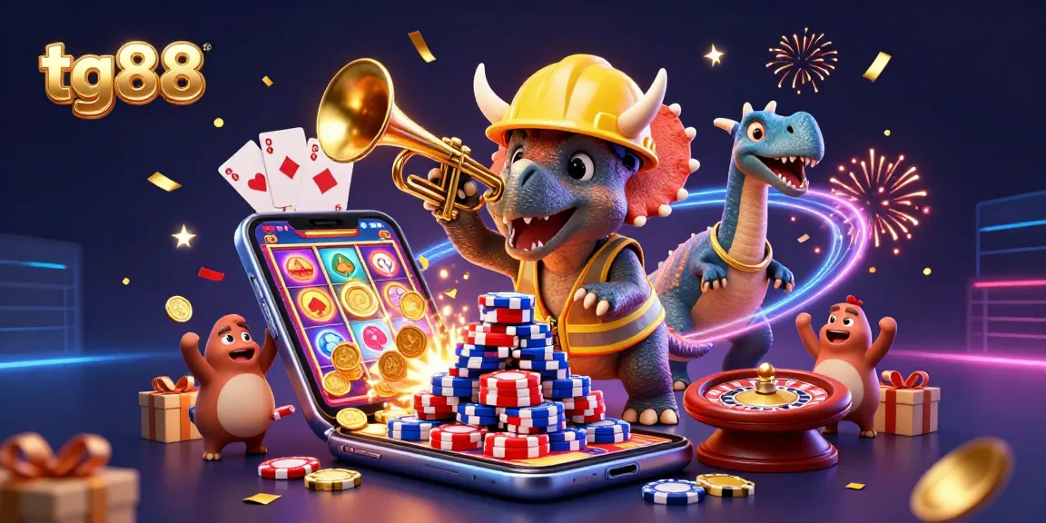 Engage in thrilling gaming at tg88 featuring a fun triceratops building poker chips while surrounded by celebratory slot games.