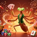 Experience thrilling games at 8kbet as the giant mantis deals cards and celebrates wins!