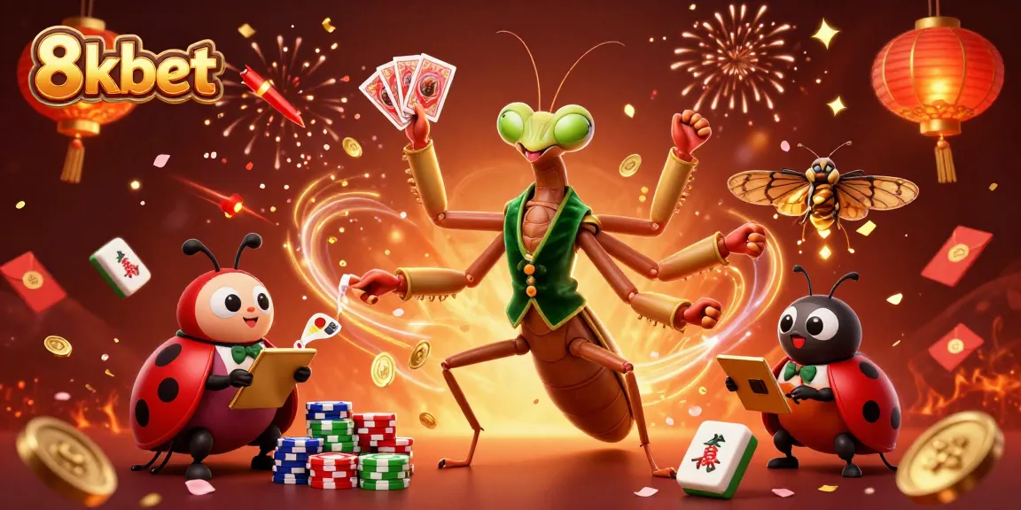 Experience thrilling games at 8kbet as the giant mantis deals cards and celebrates wins!